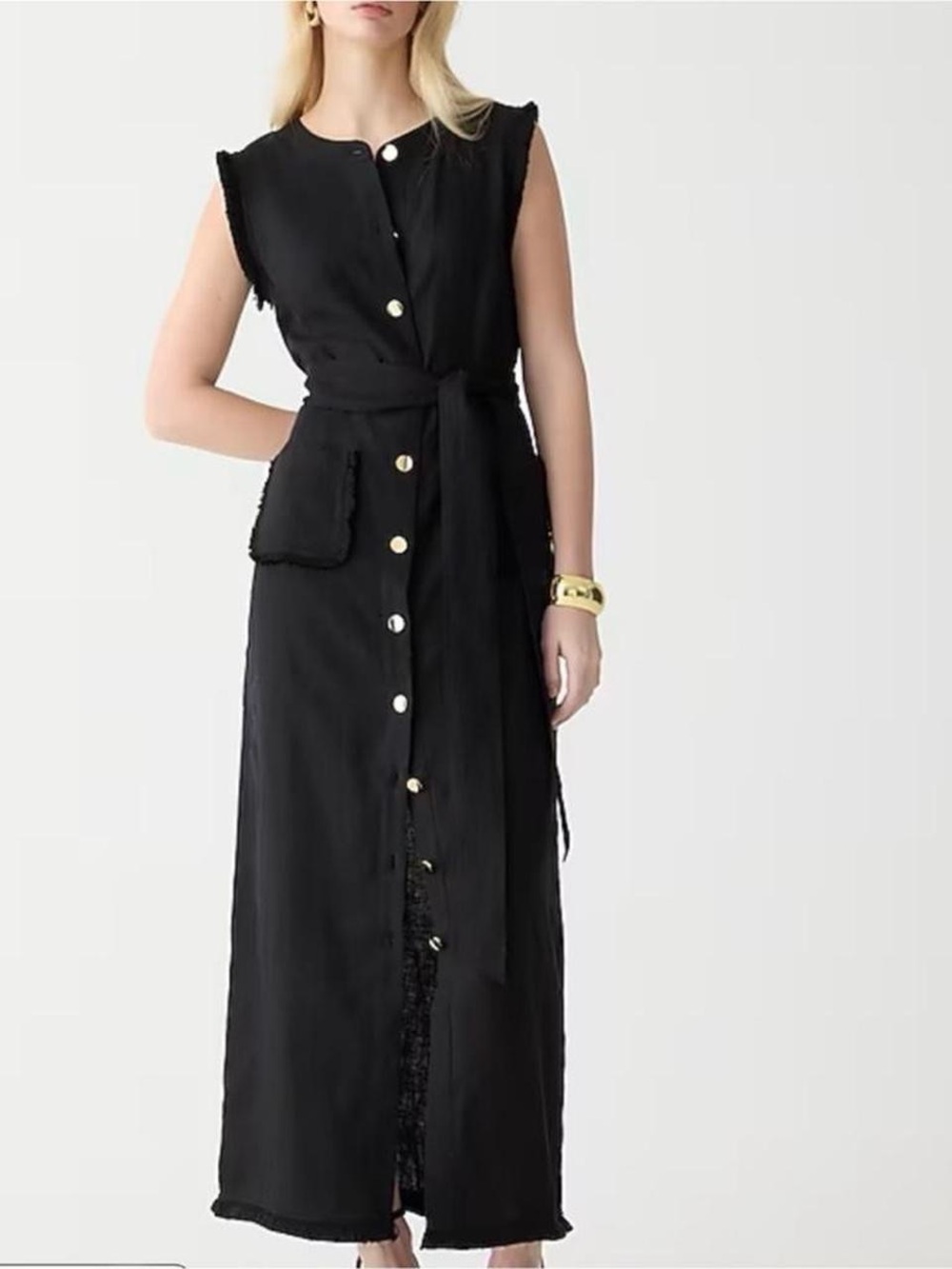 J. Crew Black Sleeveless Button-Front Maxi Dress with Waist Tie L